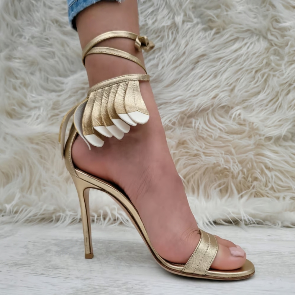 NEW Giuseppe Zanotti Gold Metallic Feather Ankle Tie Heels Size 38